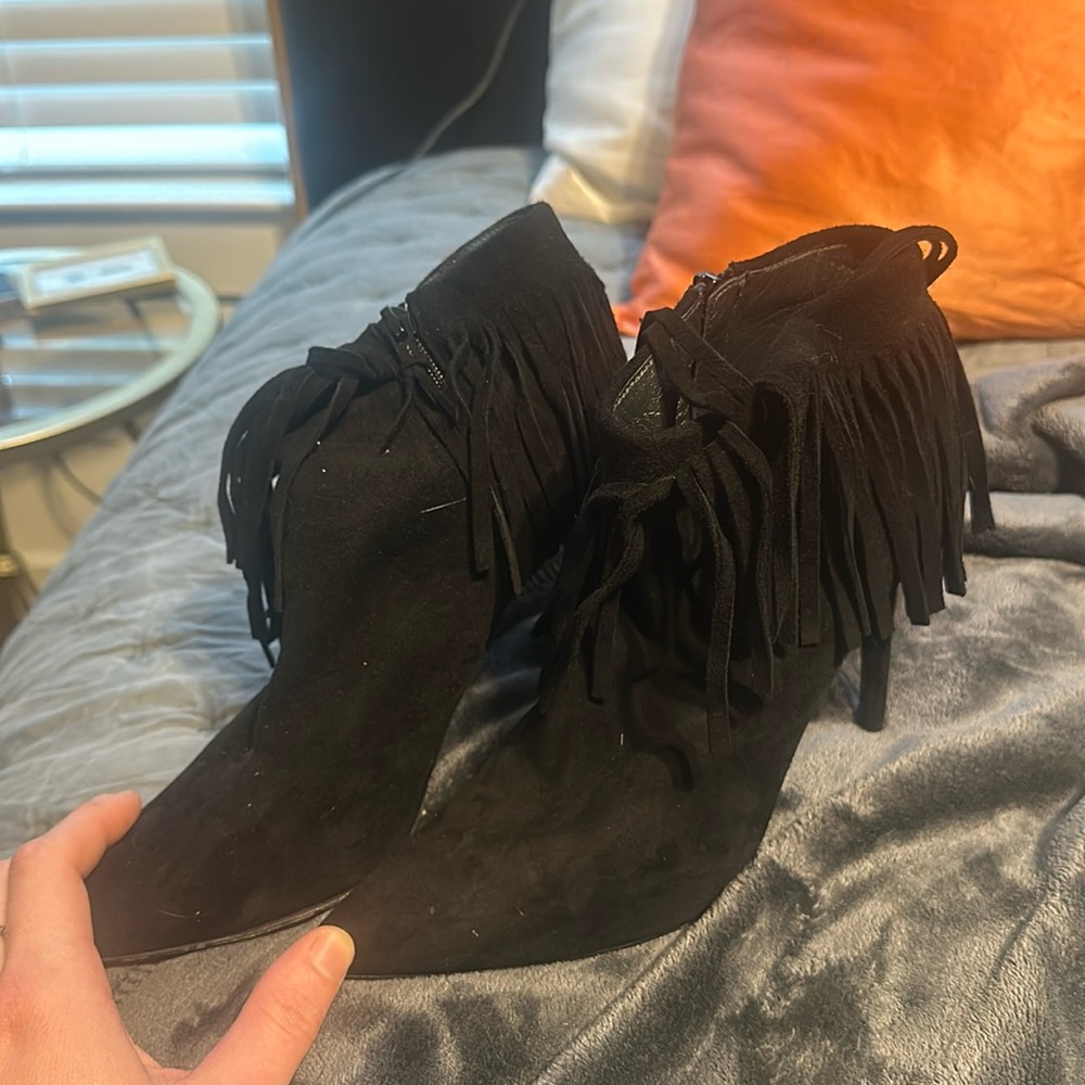 Stuart Weitzman Fringe Suede Ankle Booties - Color: Black